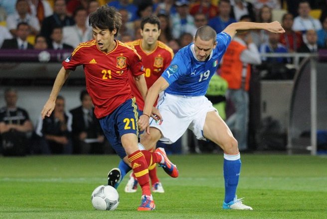 David Silva and Leonardo Bonucci at Euro 2012 final Spain-Italy
